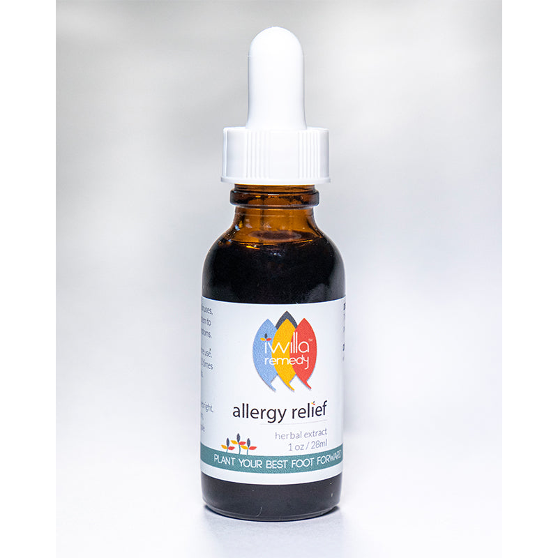 Allergy Relief herbal extract in amber bottle with white dropper top.