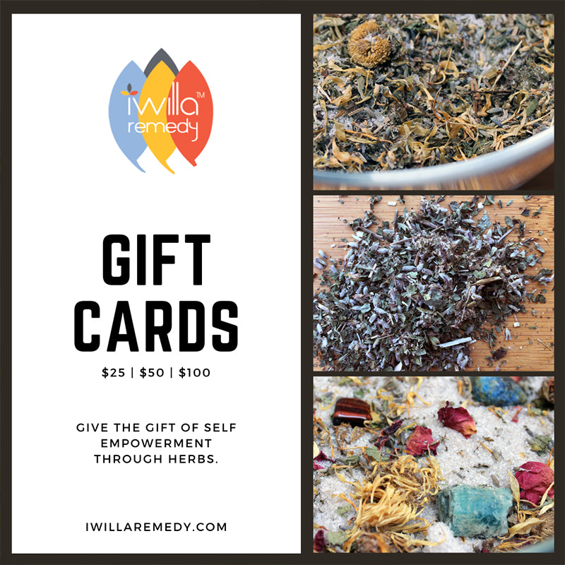 Iwilla Remedy gift cards in varying denominations from $25 - $100.