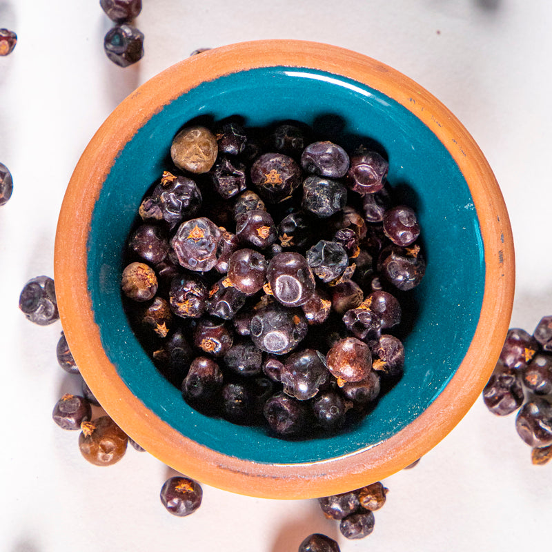 Juniper Berry herb in blue clay bowl with white background and herb surrounding.