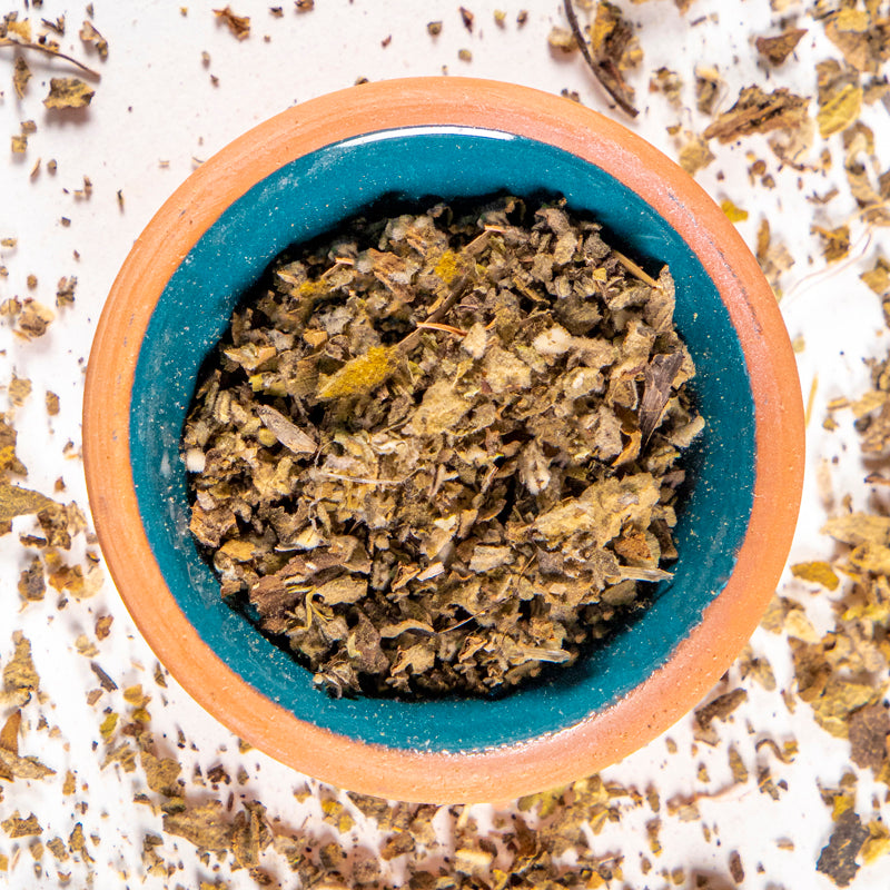 Mullein herb in blue clay bowl with white background and herb surrounding.